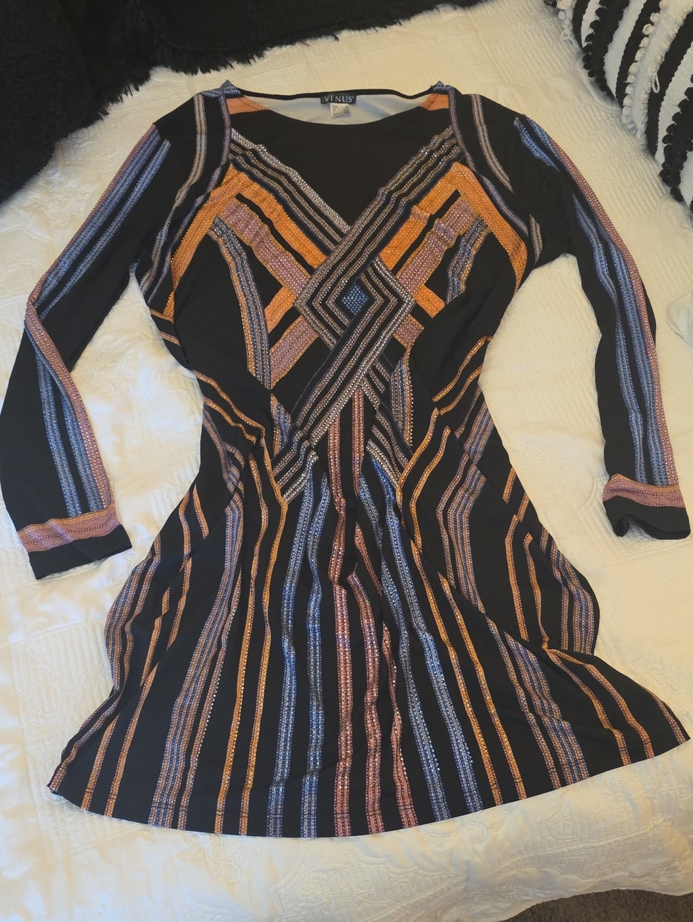 VENUS Black Long-Sleeve Striped Fit & Flare Dress with Orange and Blue Accents